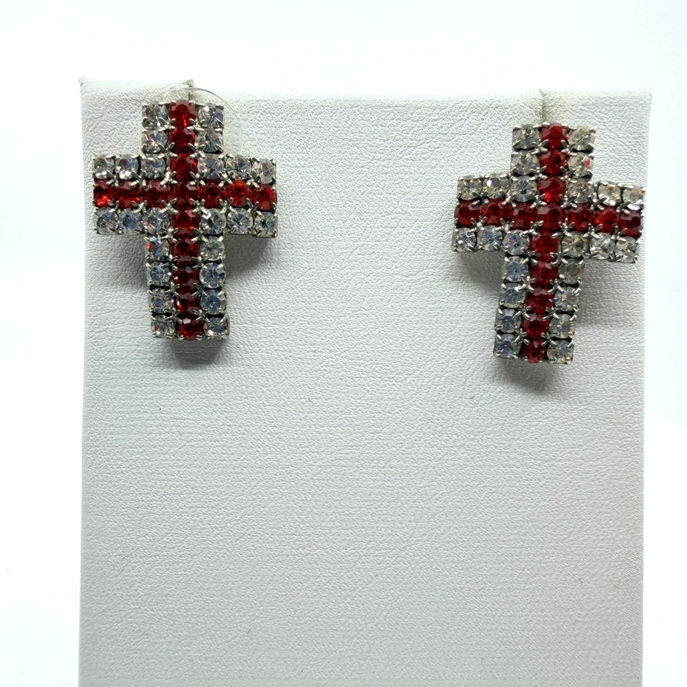 Vintage Silver Tone Rhinestone Cross Stud Earrings - Gothic Glam